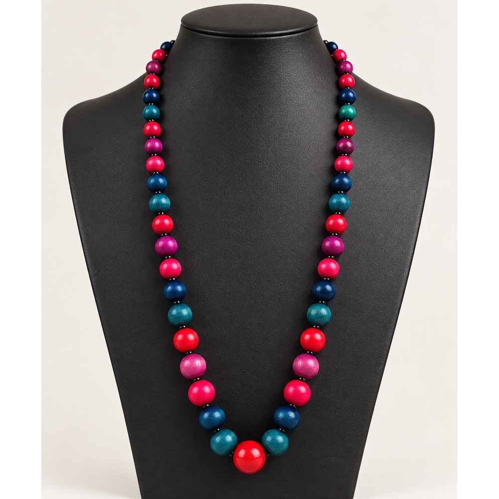 Multicolor Graduated Wood Bead Necklace Red Teal Navy Boho Statement Jewelry